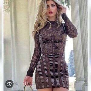 NWOT House of CB Marica Brown Velvet & Lace long sleeves mini Corset Dress sz S